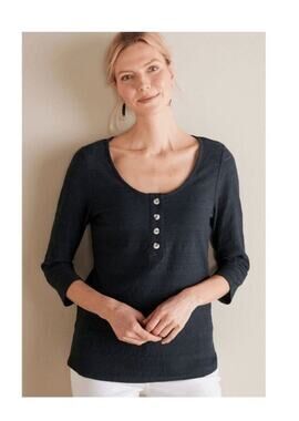 NWT Soft Surroundings Jude Textured Top Black Henley 3/4 Sleeve Cotton Size XL